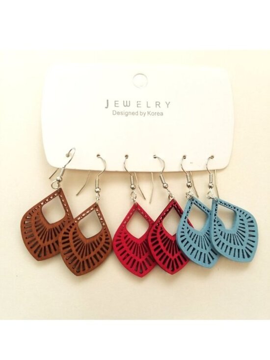 Boho Wood Ornate Earrings Jewelry - Ornate Wood Earrings 3pr Hollow Cut out Boho Dangle Carved Hippie Trendy Stylish
